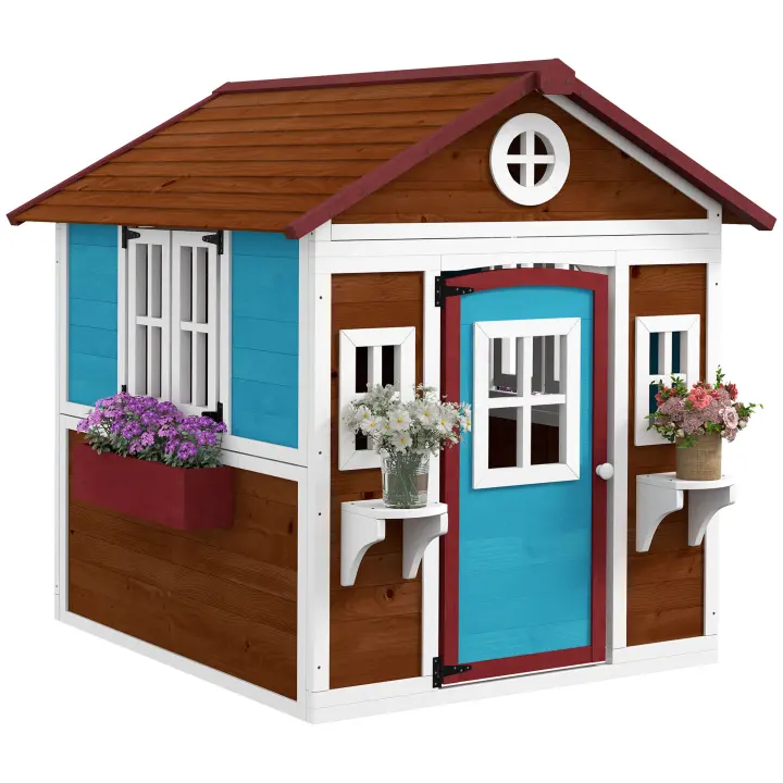 Outsunny Casa de Jardín Infantil Casa de Madera para Niños con Puerta Ventanas Jardineras y Soportes de Flores 114x126,4x135 cm - 1