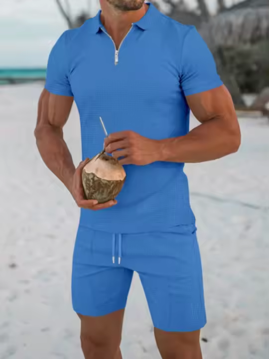 Traje Casual Para Hombre Verano European Y American Con Camisa De Encaje Sólido Y Pantalones Cortos Estilo Libre Con Cuello Redondo - 1
