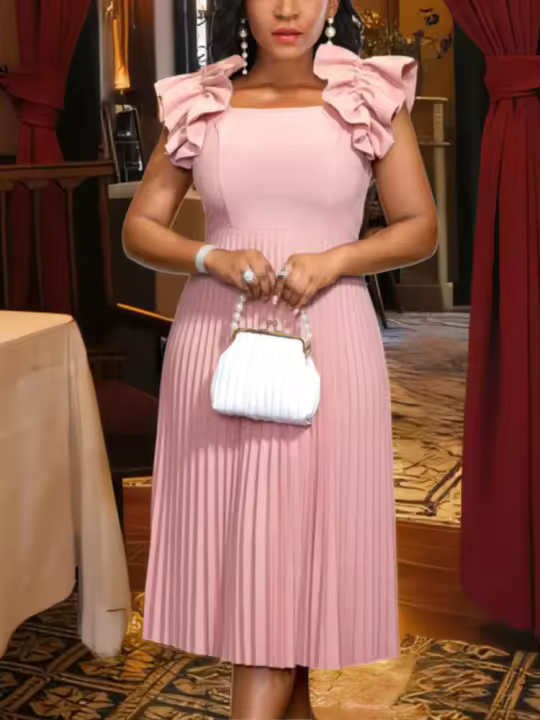 Vestido Midi A-Line Elegante Para Mujer Sin Mangas Con Volantes Y Cuello Cuadrado Vestido Casual Modesto Para Fiestas Y Días Normales - 1