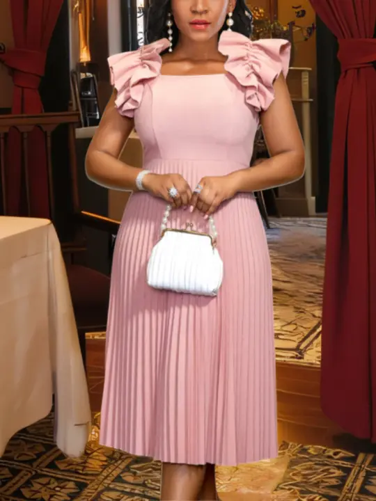 Vestido Midi A-Line Elegante Para Mujer Sin Mangas Con Volantes Y Cuello Cuadrado Vestido Casual Modesto Para Fiestas Y Días Normales - 1