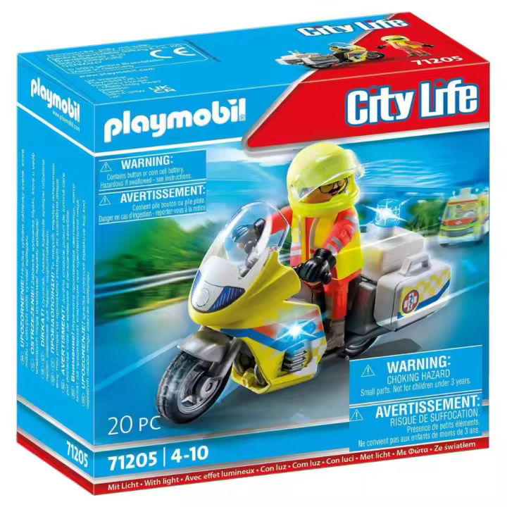 PLAYMOBIL (71205) Moto de Emergencias amarilla con luz intermiente y enfermero motorista, City Life - 1