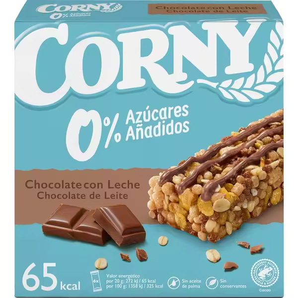 Corny- Barritas de Cereales  0 %  Azúcares añadidos- con chocolate con leches 6 unidades de 20gr - 1