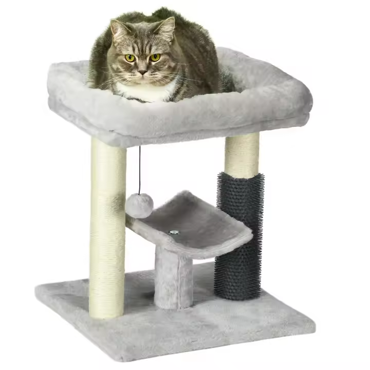 PawHut Árbol pequeño para gatos de interior, poste rascador con cama, rascador automático y juguete, color gris - 1