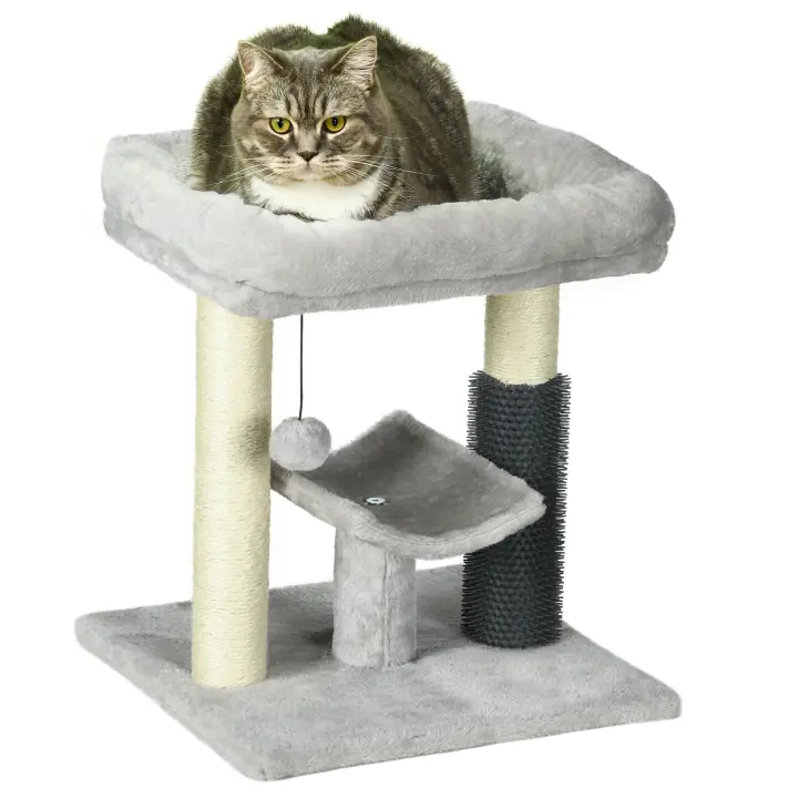 PawHut Árbol pequeño para gatos de interior, poste rascador con cama, rascador automático y juguete, color gris - 1