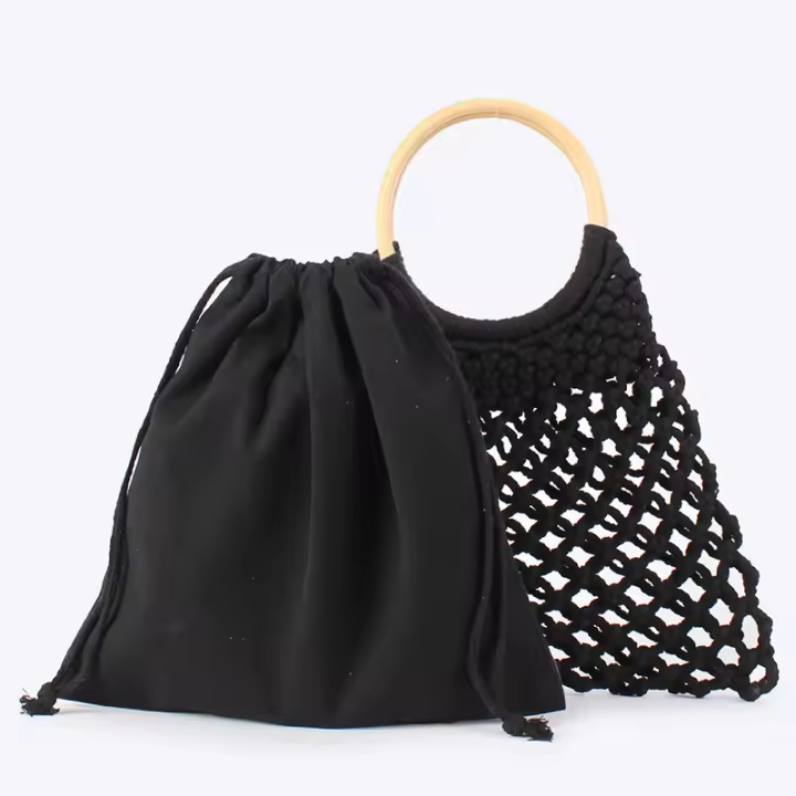 MOV Bolso de moda tejido a mano con cuerda de algodón, bolso de malla para viajes a la playa, bolso de mujer calado de color liso - 1