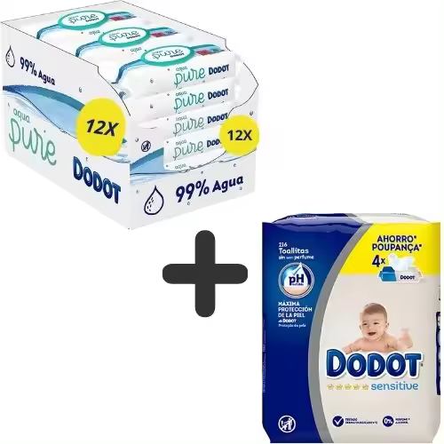 DODOT Toallitas Aqua pure 99% 12X48 + DODOT Toallitas Sensitive 4X54 - pack AHORRO 792 Toallitas (576 Aqua pure + 216 Sensitive) - 1
