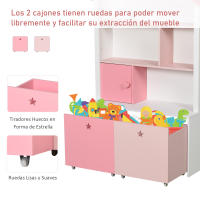 HOMCOM Estantería de Madera Infantil Librería para Niños con 4 Compartimentos 1 Puerta y 2 Cajones Extraíbles con Ruedas para Libros Juguetes 80x34x130 cm Rosa y Blanco - details 4