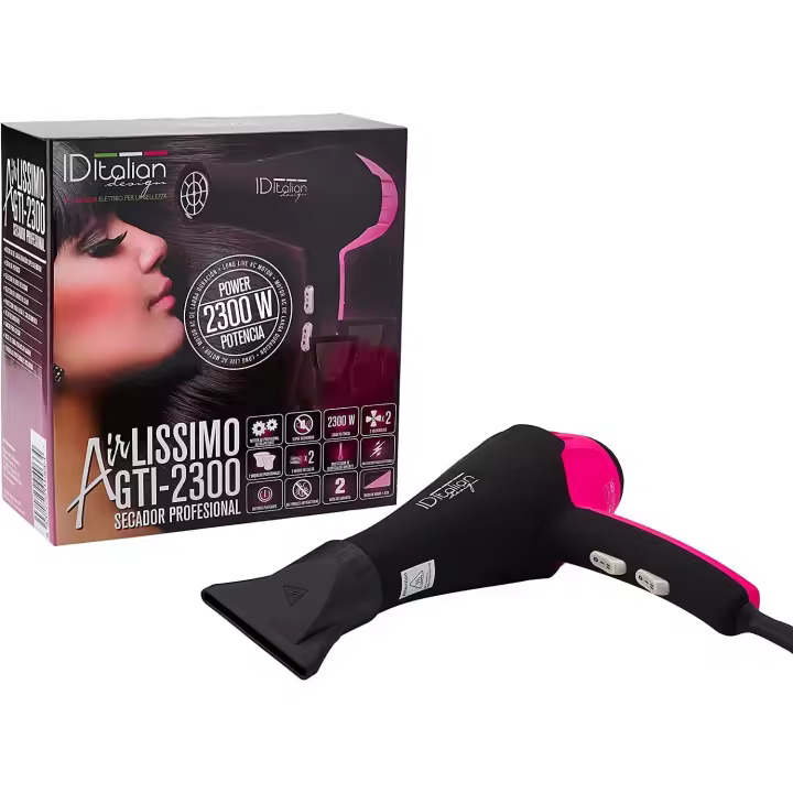 Italian Design - Secador de Pelo Profesional Ultra Silencioso Airlissimo GTI-2300 con 2 Modos de Calor, 2 Velocidades, 2 Boquillas Concentradoras y Potencia de 2300W - Dimensiones 24,5 x 26 x 10,5 cm - Peso 780 gramos - Color Rosa y Negro - 1