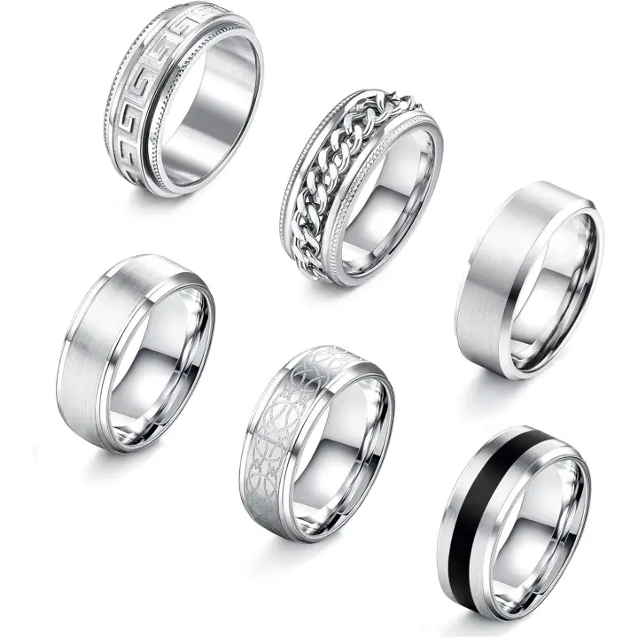 6 Unids Anillos Hombre Mujer Arce Inoxidable Anillo Tradatory Vintage Compromiso Boda Anillo Band Plata Hombre Mujer 8mm - 1
