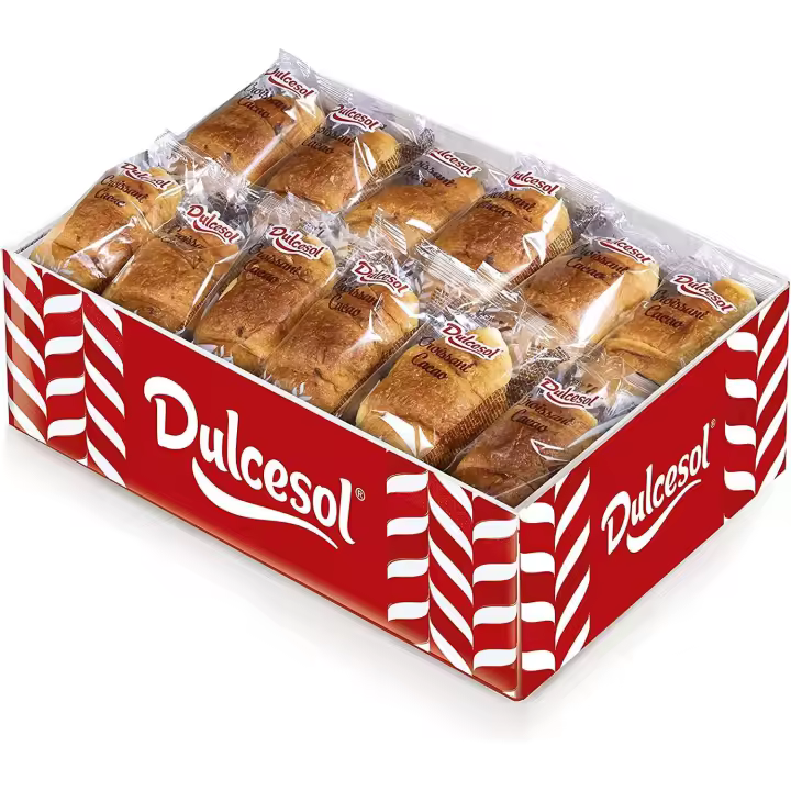 Croissants de Cacao Dulcesol envueltos individualmente en formato de 1.6 Kg - CONSUMO 23.05.2025 Contiene entre 34 y 36 unidades - Con nuestro delicioso croissant con extra de relleno tendrás una explosión de sabor en tu boca de nuestro delicioso cacao. - 1