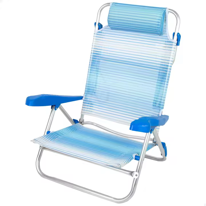 AKTIVE Silla de playa plegable, Silla de playa reclinable, 8 posiciones, 48x49x82 cm, Cojín acolchado, Asas de transporte, Peso máx 110 kg, Sillas de playa, Sillas de playa bajas, Multiposición, Respaldo reclinable, Sillas de playa plegables - 1