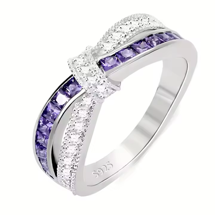 Anillo elegante de plata de ley 925 con circonita sintética chapada en oro de 18 quilates, diseño de cruz de arco de circonita cúbica cuadrada púrpura, anillo de alta calidad para mujer para uso diario y fiesta, regalo de San Valentín con caja - 1