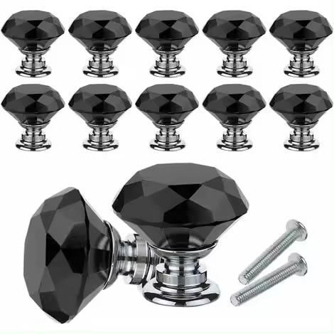 Perilla de cristal para gabinete, 10 piezas de manijas de perilla de cristal de diamante, perilla de puerta de 30 mm para muebles, tiradores de cajón de armario con tornillos para oficina en casa, tocador, cocina y más (negro) - 1