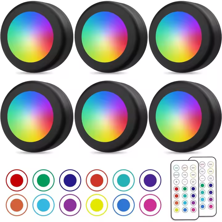 Luces LED de disco con 2 controles remotos, Luces para badería, Luz Nocturna RGB con temporizador, Luces LED inalámbricas de Brillo ajustable, paquete de 6 - 1