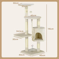 PawHut Rascador para Gatos Altura 116 cm Árbol para Gatos Torre de Escalada con Postes Rascadores de Sisal Cueva Plataformas y Juguetes Divertidos Colgantes Beige - details 2