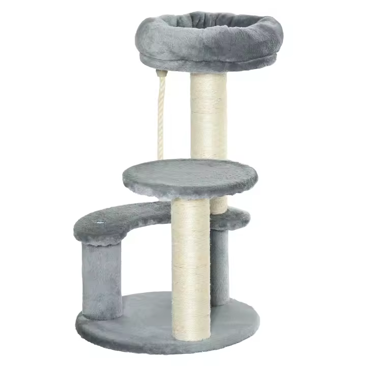 PawHut Árbol Rascador para Gato Ø40x65 cm con 3 niveles y Cuerda Colgante Plataformas en Felpa y Postes con Cuerda de Sisal Natural Gris - 1