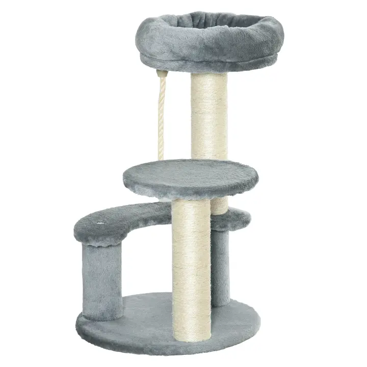 PawHut Árbol Rascador para Gato Ø40x65 cm con 3 niveles y Cuerda Colgante Plataformas en Felpa y Postes con Cuerda de Sisal Natural Gris - 1