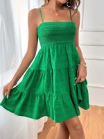 Vestido De Verano Para Mujer Con Hombros Alargados Y Cuello En V De Color Sólido Textura Versátil Vestido De Rodilla Ajustado Y Flare - details 34