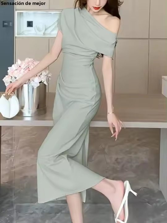 Vestido Elegante De Noche Hombro Descubierto Para Mujer Moda Verano Slim Uno Pieza Sólido Vestido Coreano Ropa De Graduación - 1