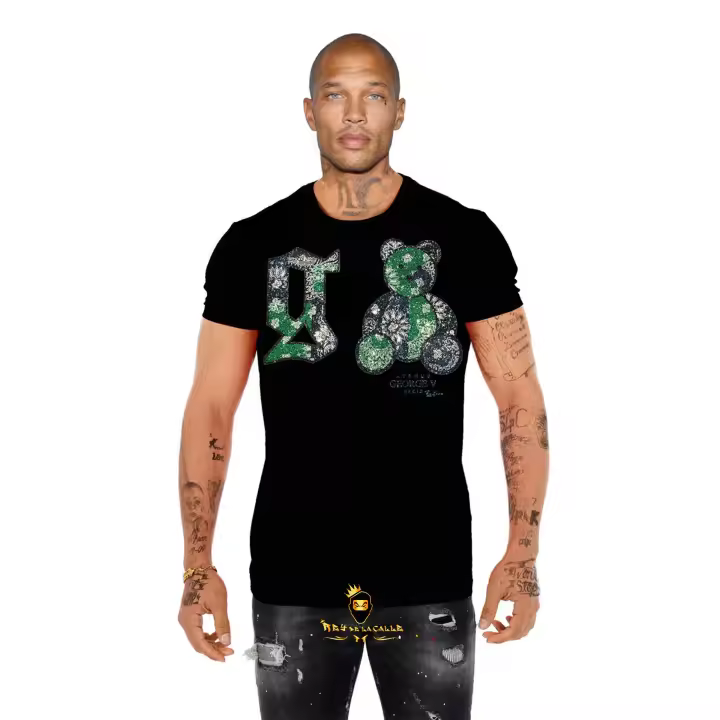 Camiseta Avenue George V París Negra Pedrería Brillante Oso Verde - 1