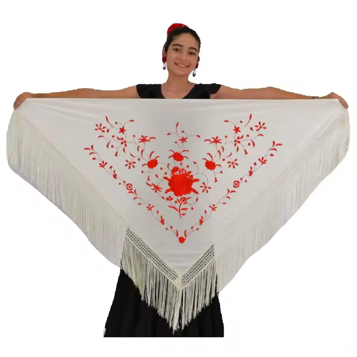 Mantón mediano color marfil con bordado en rojo Anuka - 1