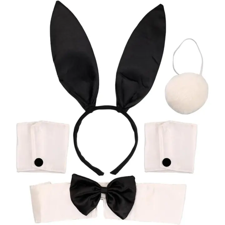 Conjunto de disfraz de conejito de 5 piezas. Incluye orejas de conejo, collar falso y puños, cola de conejo. Perfecto para fiestas de disfraces de Halloween. - 1