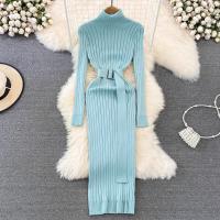 Vestido Maxi De Cuello Alto Para Mujer YuooMuoo 2024 Otoño Invierno Elegante Ajustado Con Cinturón Estilo Bodycon Tejido Ribbed Suave Y Elástico - details 18
