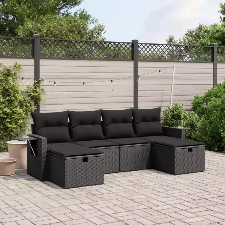 vidaXL Set de sofás de jardín 6 piezas y cojines ratán sintético negro - 1