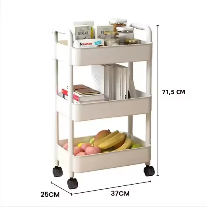 Carro De Tres Niveles En Blanco Con Dos Asientos Altos Y Ruedas Estante De Almacenamiento Para Dormitorio Y Baño - 1