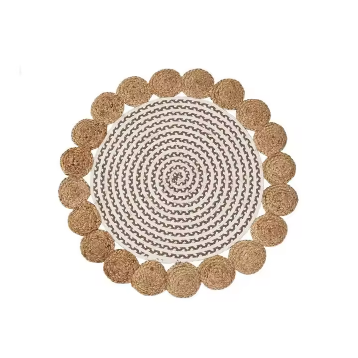 Dcasa Alfombra redonda trenzada con cenefa de círculos de yute blanca y natural de Ø 90 cm - 1