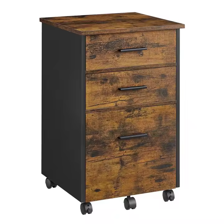 Archivador de 3 cajones, diseño rústico en marrón y negro, mueble multifuncional con ruedas, ideal para oficina y hogar - 1