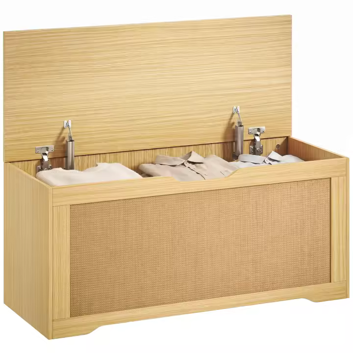HOMCOM Baúl de Almacenaje 108L, Banco de Almacenaje con Panel de Ratán, Tapa Elevable, Brazos de Soporte, Diseño Sin Tiradores, para Recibidor, Pasillo, Dormitorio, Salón, 80x40x45 cm - 1