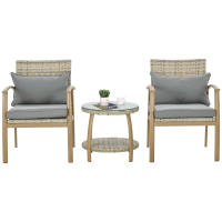 Outsunny Conjunto de Mesa y Sillas de Jardín para Exterior Juego de 3 Piezas Sillas y Mesa de Ratán con Marco de Aluminio Incluye 2 Sillas 1 Mesa de Vidrio Templado y Cojines Natural y Marrón - details 0