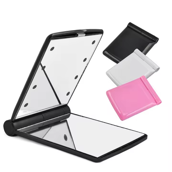 Espejo de maquillaje portátil regulable con 8 luces LED, espejo de aumento 1X y 2X, espejo cosmético iluminado para bolso. - 1