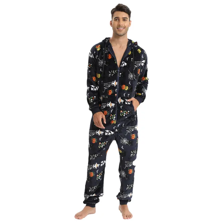 Conjuntos de pijamas navideños de invierno para hombre, pijamas con estampado de alces de franela con capucha, mono de lana con cremallera, ropa de descanso, monos cálidos y acogedores - 1