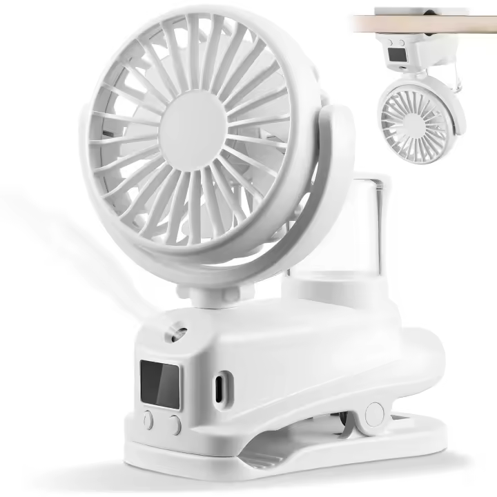 Ventilador usb Silencioso Pinza con Pantalla LED, Ventiladors Sobremesao con Spray de Agua, 4 Velocidades Ventilador Recargable, Ventilador pinza para Dormitorio Oficina Coche Camping Cochecito Blanco - 1