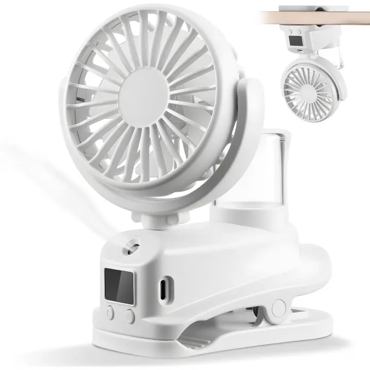 Ventilador usb Silencioso Pinza con Pantalla LED, Ventiladors Sobremesao con Spray de Agua, 4 Velocidades Ventilador Recargable, Ventilador pinza para Dormitorio Oficina Coche Camping Cochecito Blanco - 1