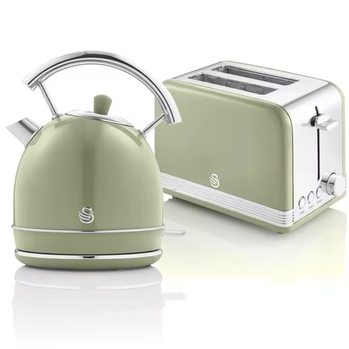 SWAN STP7050GNEU Retro Set Desayuno Hervidor de Agua 1,8 L Inalámbrico, Tostadora 2 Rebanadas Anchas, Vintage, 850W, Verde - 1