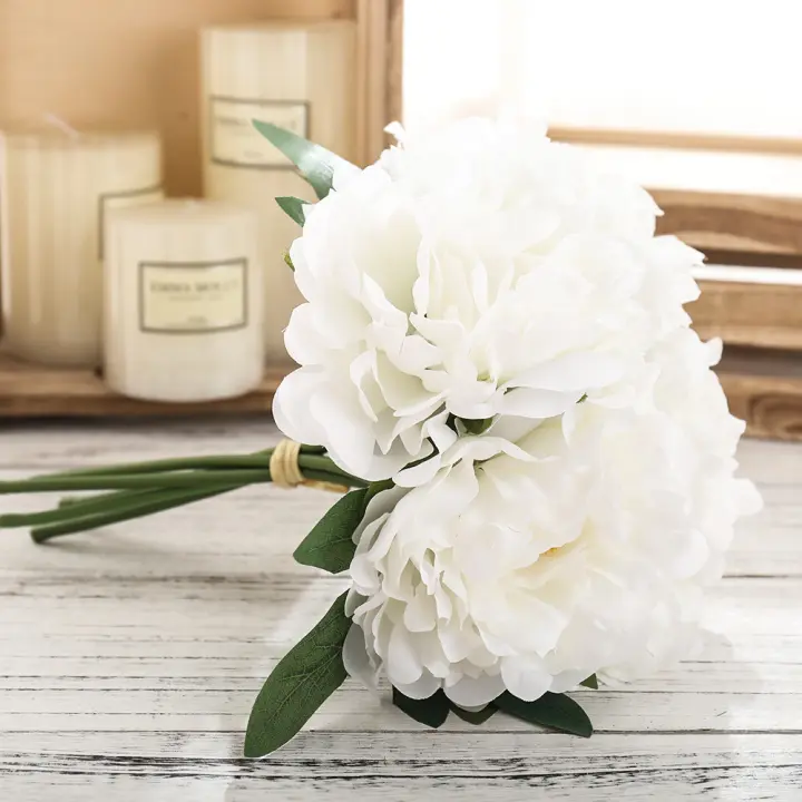 5pcs Flores Artificiales De Seda Blanca Gran Peonia Bouquet Decoración Para Bodas Hogar Y Fiesta Navidad Alta Calidad Flores Falsas - 1