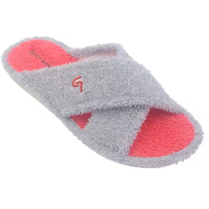Zapatilla Rizo Mujer Especial Parquet. Referencia: P726 Rizo Gris Coral Marca GARZON Zapatillas  Zapatilla pala cruzada de casa para mujer. Confortable confeccionada en toalla rizo color gris perla con coral. - 1
