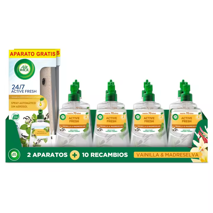Air Wick Active Fresh - 2 Aparatos + 10 Recambios Spray Automático Sin Aerosol, Ambientador para Casa con Aroma a Flores Blancas, Lirio de Luna, Nenuco y Oasis Turquesa - 1