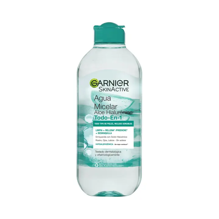 Garnier Agua Micelar Aloe Hialurónico Todo en 1 para todo tipo de pieles, Limpia + Desmaquilla + Rellena rostro, ojos, labios - Sin aclarado 400ml - 1