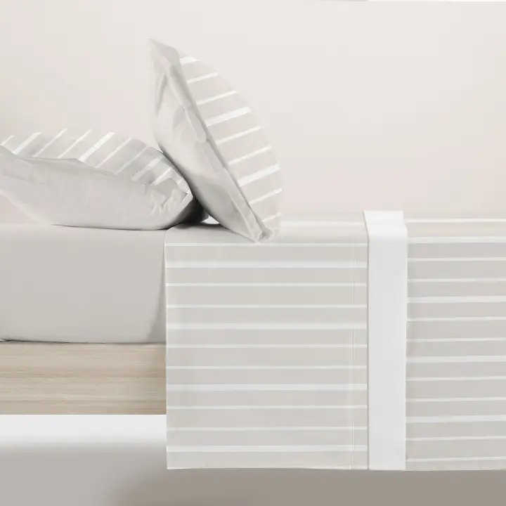 Manterol - Juego de sábanas estampado rayas y espigas beige, gris y azul. Calidad 50% Algodón 50% Poliéster. Incluye bajera ajustable, encimera y fundas de almohada. Sábana ligera y fresca, ideal para primavera, verano y entretiempo. - 1