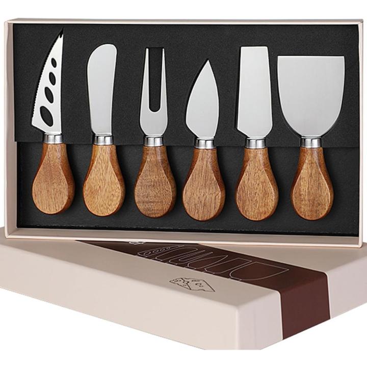 Queso juego de cuchillos,6-pieza de queso cubiertos con cortador de cuchillo y tenedor,Cuchillos de Acero Inoxidable con mango de madera para la difusión y de la porción,completa charcutería estante de accesorios set de regalo