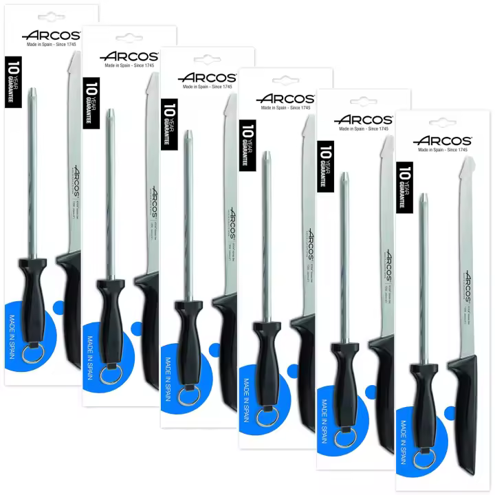 ARCOS Niza - Set Cuchillo Jamonero (230 mm) + Chaira (200 mm) - Hoja de Acero Inoxidable Nitrum® - Mango Negro de Polipropileno (PP) - 136700 - PACK 6 - 1