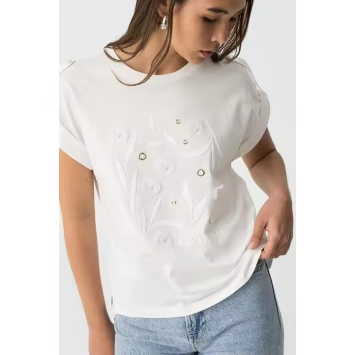 Marcas Mujer Ropa Tiffosi Tiffosi mujer Camisetas y tops  Camiseta blanca detalles dorados -Tiffosi- Eyelette - 1