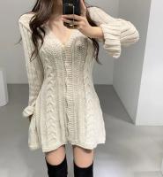 Vestido De Suéter Para Mujer Con Manga Larga Tejido En Cable Botón Abajo Mini Vestido A-Line Casual Para Otoño E Invierno Chic - details 5