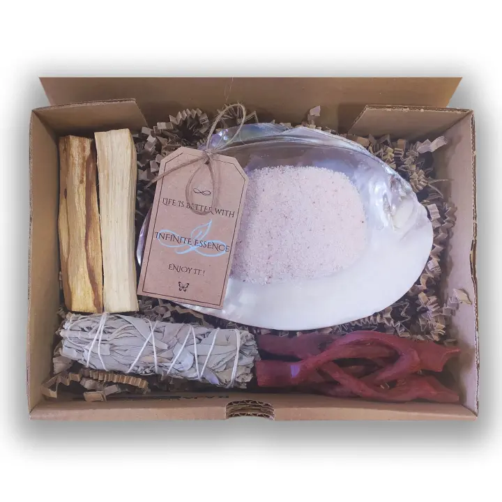 LAMARE Smudge - Kit de Limpieza - 1 Salvia Californiana - 2 Sticks Palo Santo Perú - Concha Perlada con Soporte - Sal del Himalaya - Kit Limpieza y Purificación. - 1