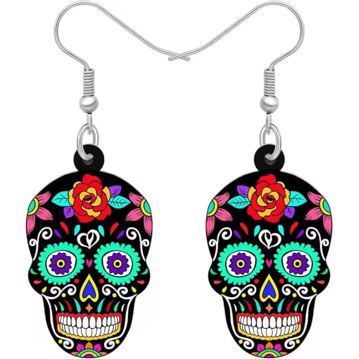 Lindos aretes de calavera de azúcar de Halloween, decoración de calavera mexicana acrílica, regalos para mujeres y niñas, dijes para festivales. - 1