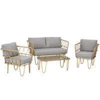 Outsunny Conjunto de Jardín de Ratán Sintético Juego de 4 Piezas Muebles de Jardín con Sofá de 2 Plazas 2 Sillones y Mesa de Centro con Encimera de Cristal y Cojines Extraíbles Natural y Gris - details 0
